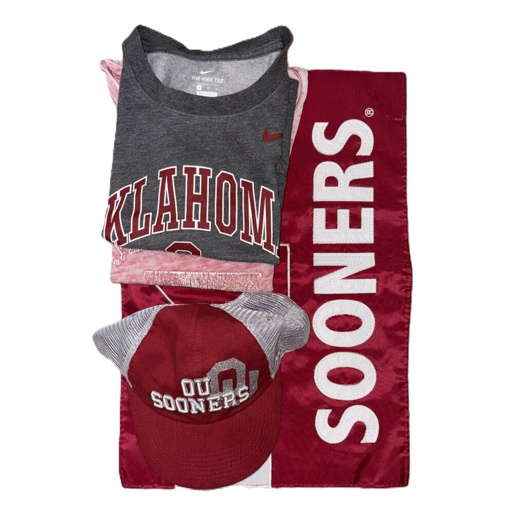 Oklahoma Sooners Fan Bundle Adjustable Cap Womens Nike Gray Tee Burnout Tee Flag